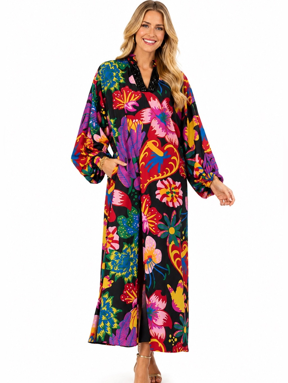 Emily McCarthy Bella Maxi Dress Joy Black Floral Beaded NWOT XS